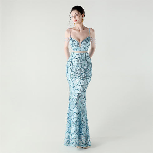 Graceful Sequin Embellished Mesh Mermaid Maxi Dress